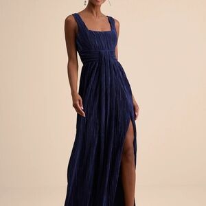 Ameena Navy Blue Plisse Square Neck Sash Maxi Dress NWT